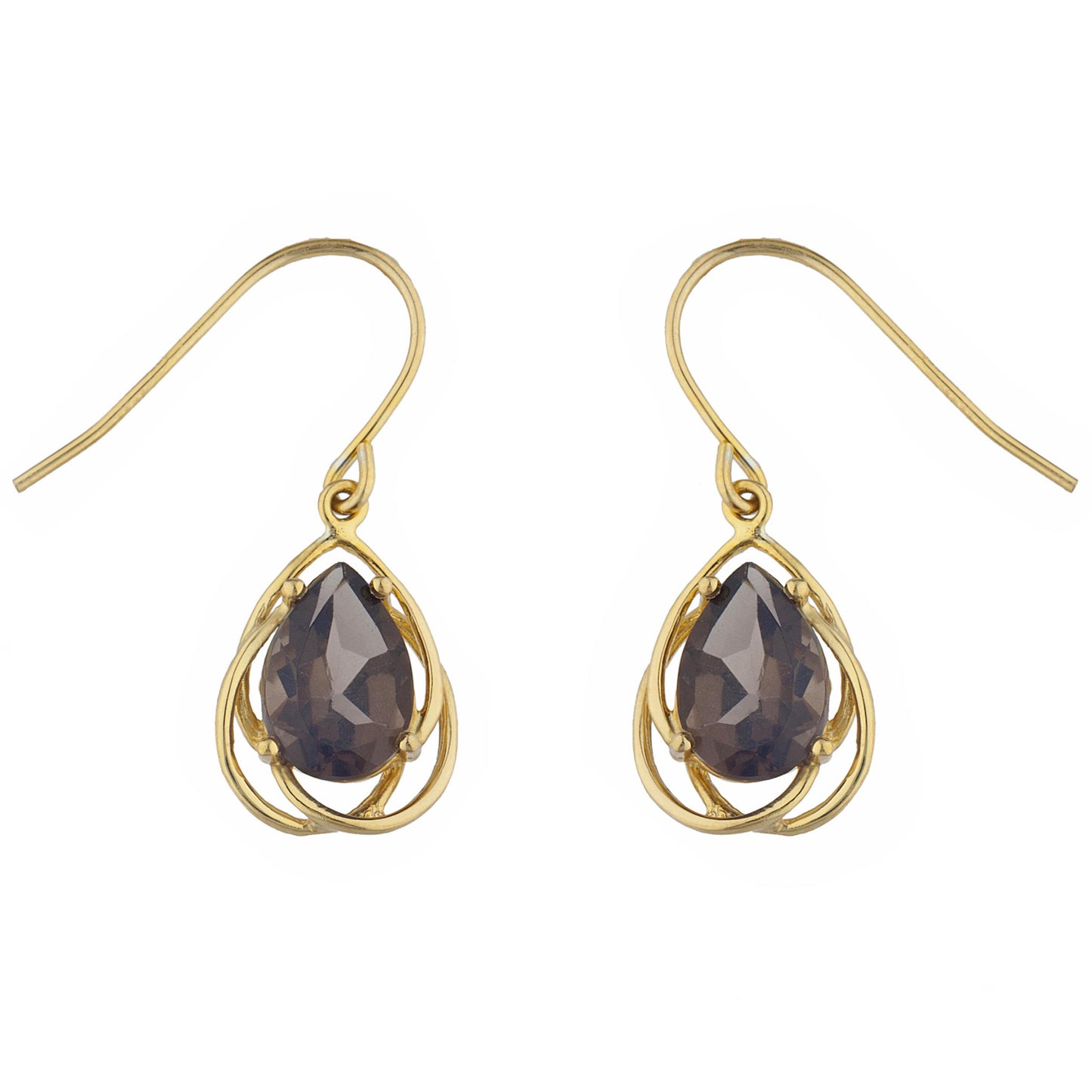 14Kt Yellow Gold Plated Genuine Smoky Topaz Pear Teardrop Design Dangle Earrings