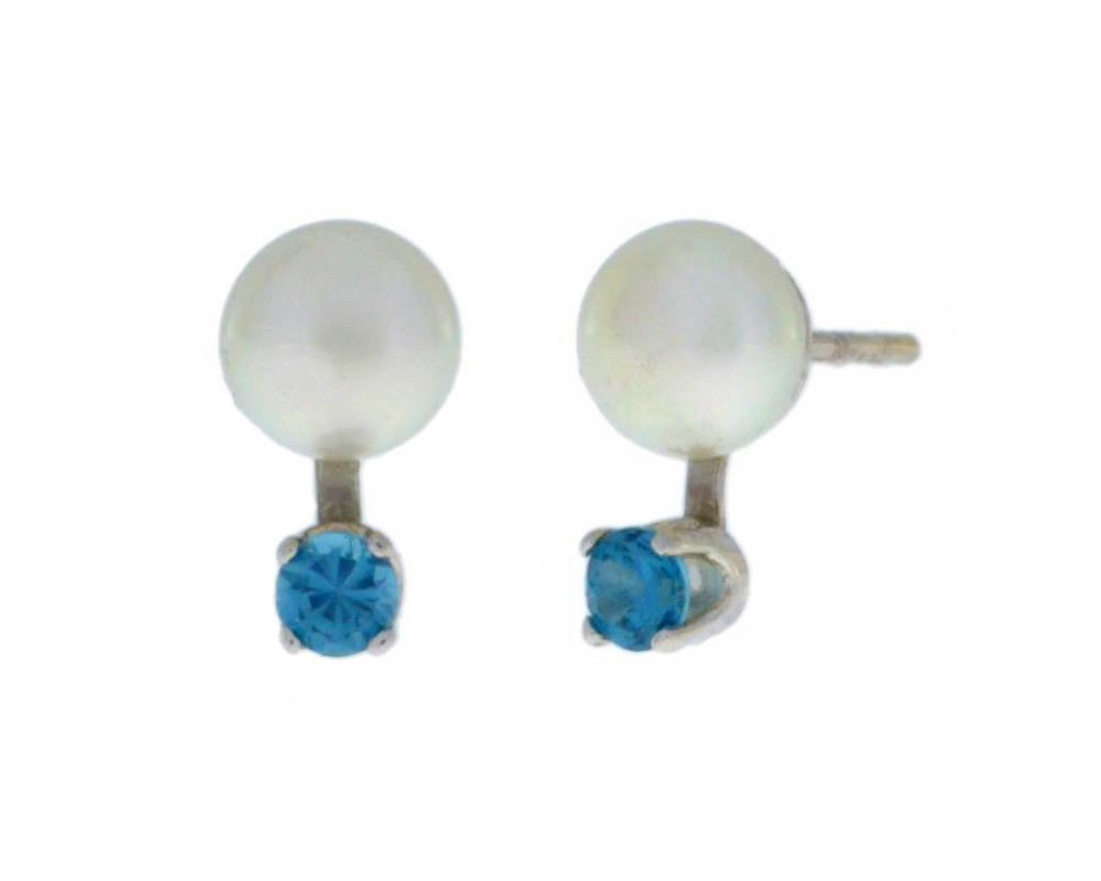 3mm London Blue Topaz & White Pearl Stud Earrings .925 Sterling Silver