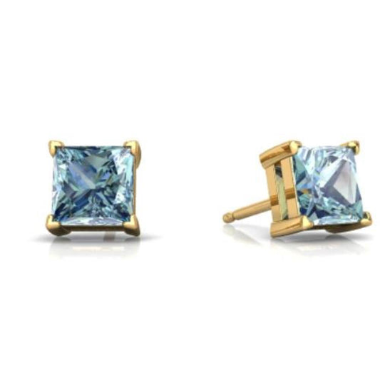 14Kt Yellow Gold Aquamarine Princess Cut Stud Earrings