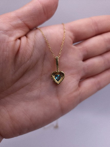 14Kt Gold London Blue Topaz & Diamond Heart Design Pendant Necklace