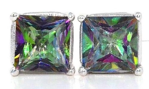 2 Ct Genuine Mystic Topaz Princess Cut Stud Earrings .925 Sterling Silver