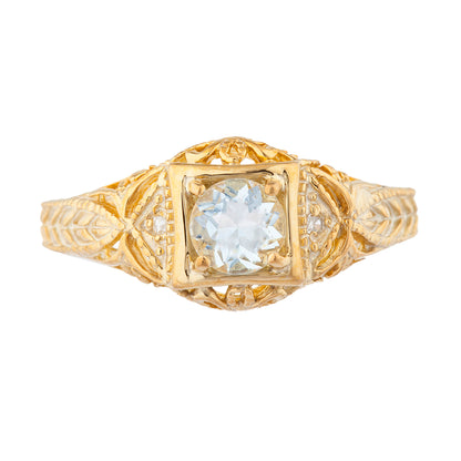 14Kt Gold Genuine Aquamarine & Diamond Design Round Ring