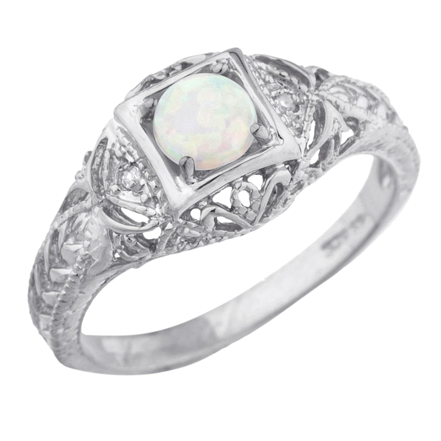 14Kt Gold Genuine Opal & Diamond Design Round Ring