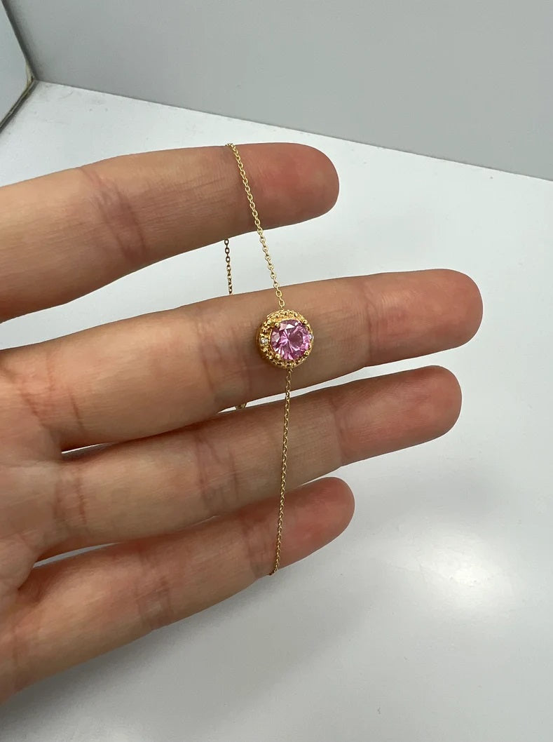 14Kt Gold Pink Sapphire & Diamond Round Bracelet