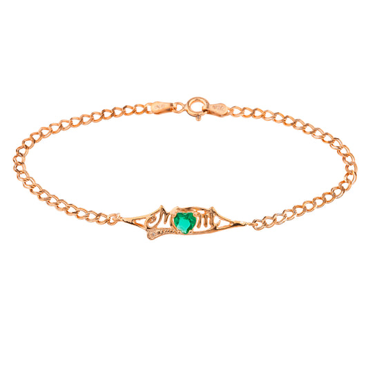 Emerald & Diamond Heart Mom Bracelet 14Kt Rose Gold Plated Over .925 Sterling Silver