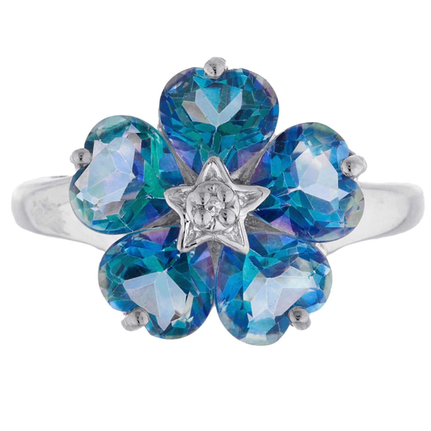 14Kt Gold Natural Blue Mystic Topaz & Diamond Heart Flower Design Ring