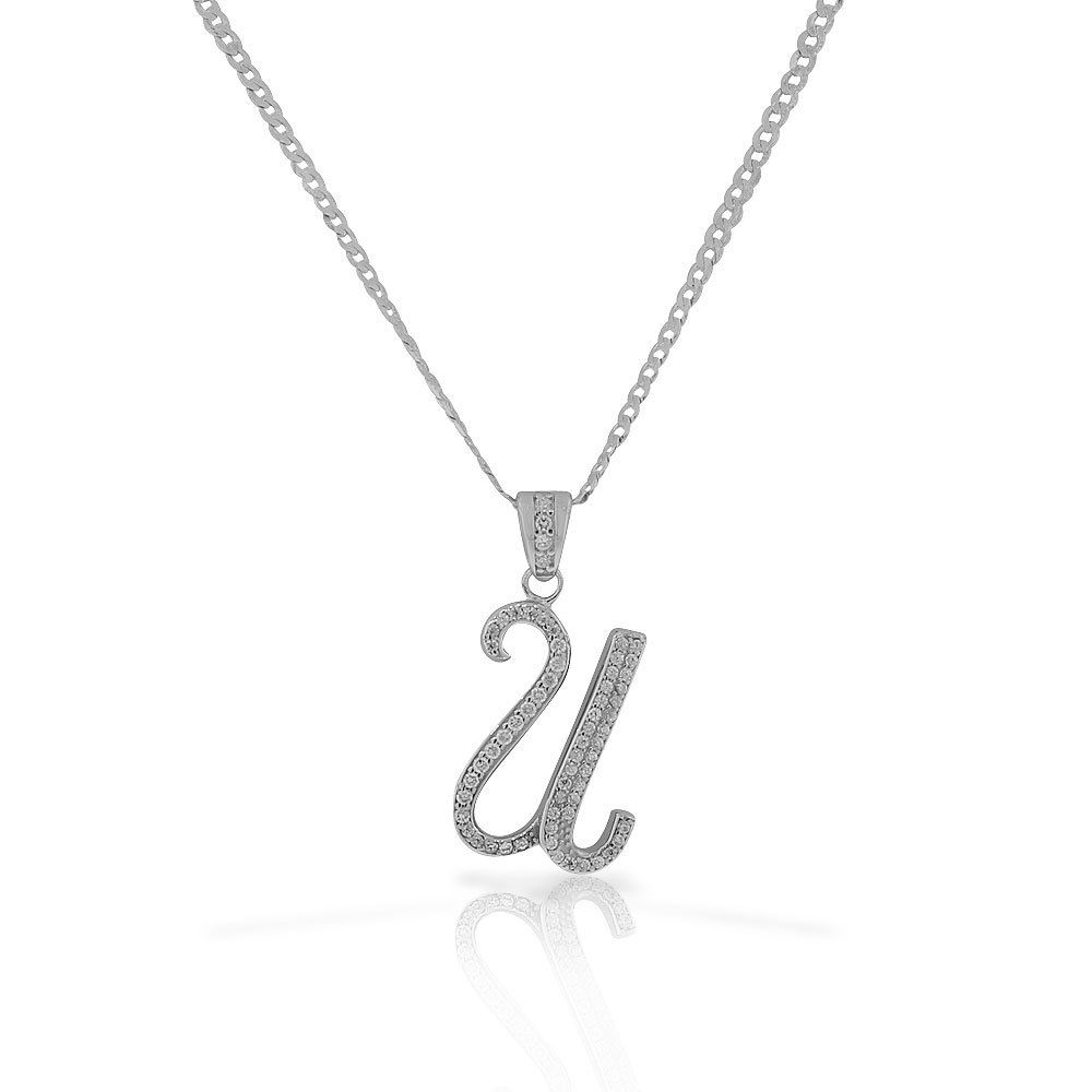 Letter U Cursive Initial CZ Pendant .925 Sterling Silver