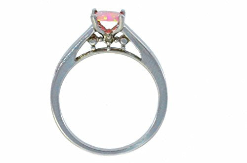 5mm Pink Opal & Diamond Princess Cut Ring .925 Sterling Silver Rhodium Finish