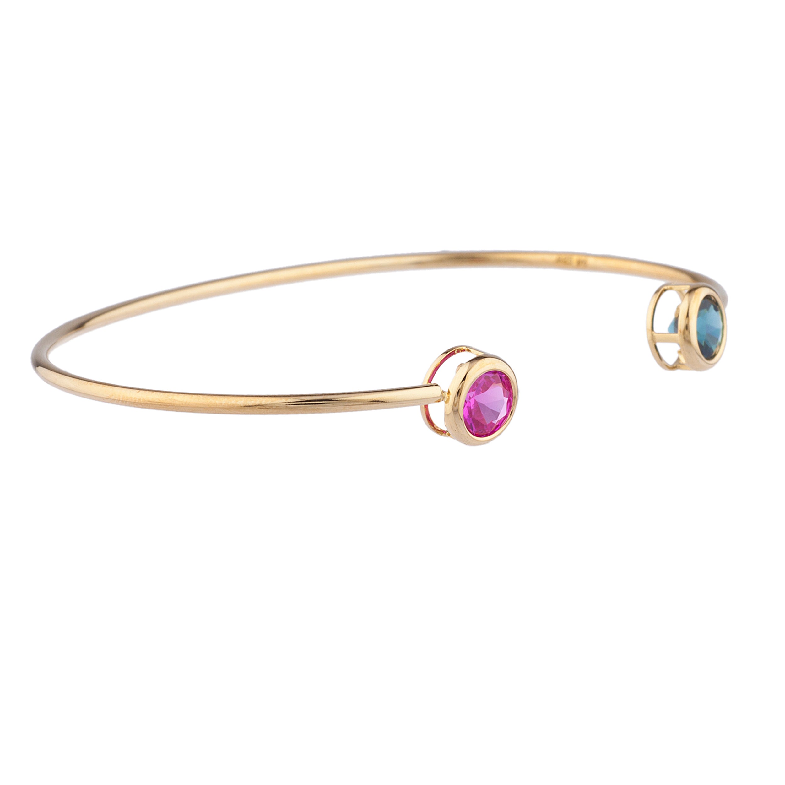 14Kt Gold London Blue Topaz & Pink Sapphire Round Bezel Bangle Bracelet