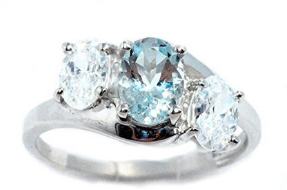 2 Ct Genuine Aquamarine & Zirconia Oval Ring .925 Sterling Silver Rhodium Finish