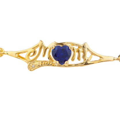 Blue Sapphire & Diamond Heart Mom Bracelet 14Kt Yellow Gold Plated Over .925 Sterling Silver