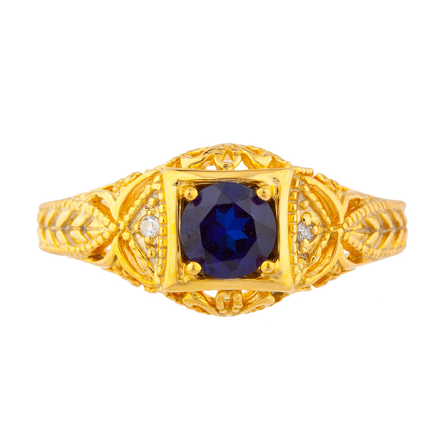 14Kt Gold Blue Sapphire & Diamond Design Round Ring