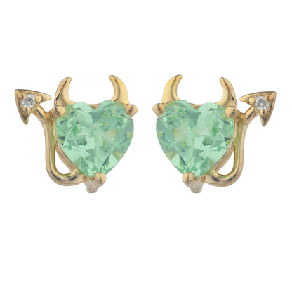 14Kt Gold Green Sapphire & Diamond Devil Heart Stud Earrings