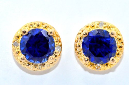 2 Ct Blue Sapphire Round Diamond Stud Earrings 14Kt Yellow Gold