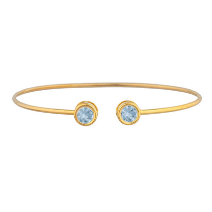 14Kt Gold Genuine Aquamarine Round Bezel Bangle Bracelet