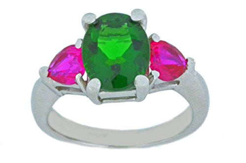 4 Ct Created Emerald Oval & Ruby Heart Ring .925 Sterling Silver Rhodium Finish