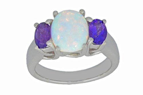 10x8mm Opal & Amethyst Oval Ring .925 Sterling Silver Rhodium Finish