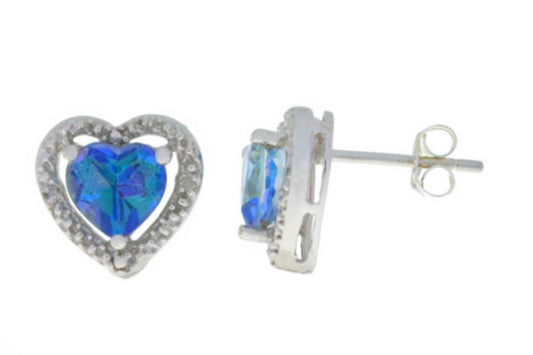 Natural Blue Mystic Topaz & Diamond Heart Stud Earrings .925 Sterling Silver