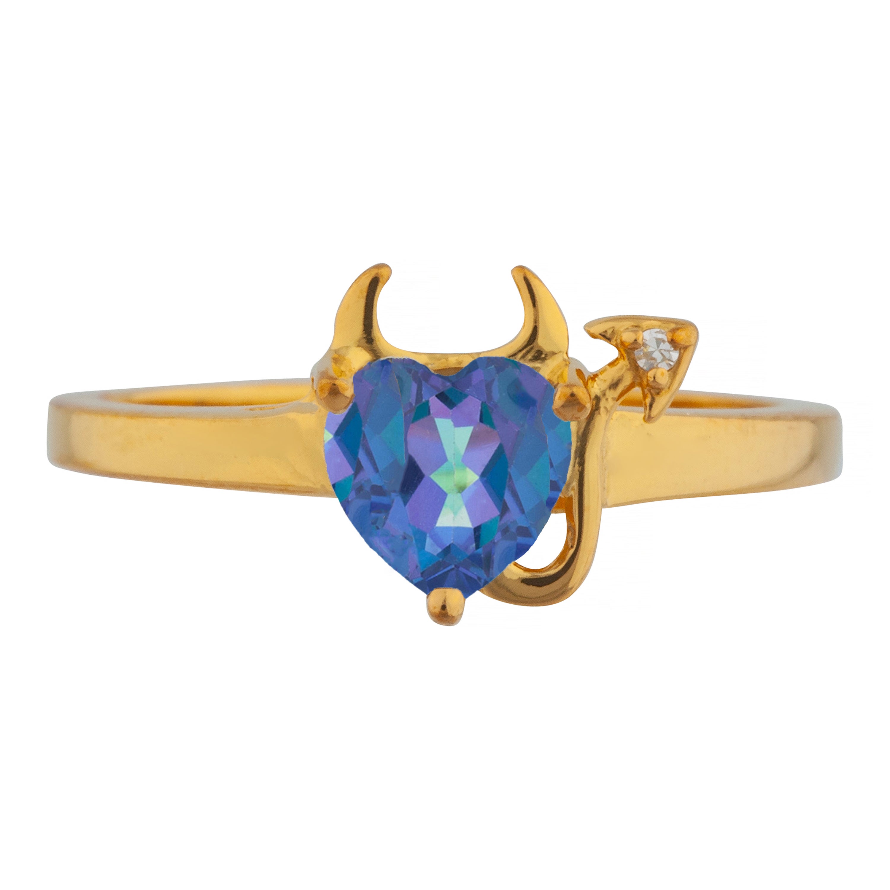 14Kt Gold Natural Blue Mystic Topaz & Diamond Devil Heart Ring