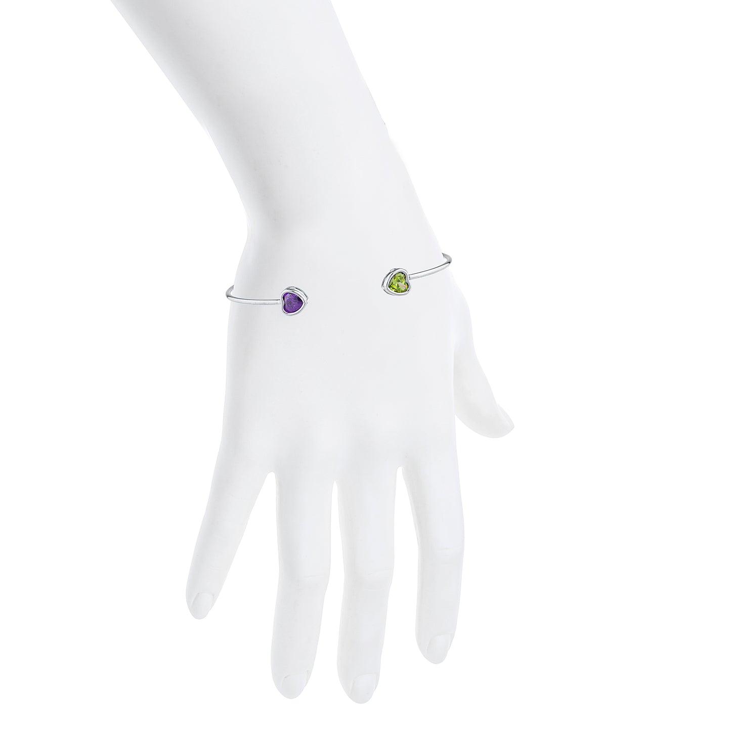 Peridot & Amethyst Heart Bezel Bangle Bracelet .925 Sterling Silver