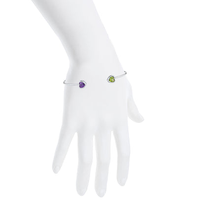 Peridot & Amethyst Heart Bezel Bangle Bracelet .925 Sterling Silver