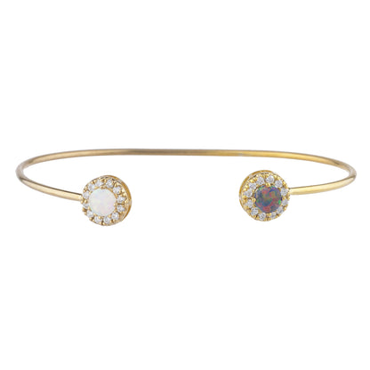 14Kt Gold Black & White Opal Halo Design Bangle Bracelet