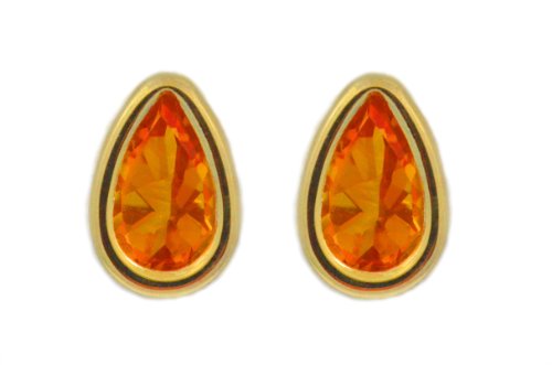 14Kt Yellow Gold Orange Citrine Pear Bezel Stud Earrings