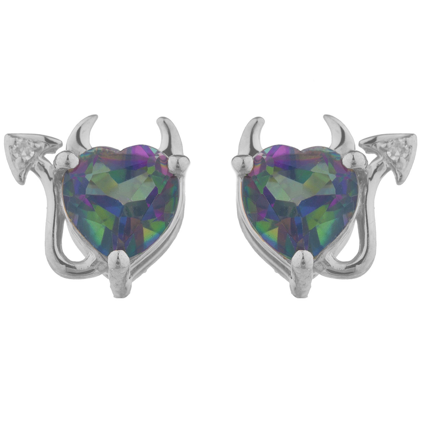 Natural Mystic Topaz & Diamond Devil Heart Stud Earrings 14Kt White Gold