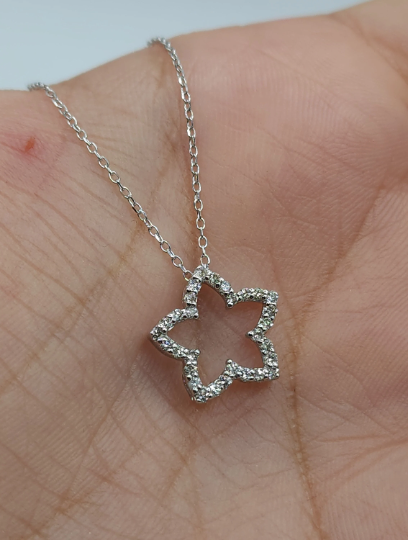 14Kt Gold 0.24 Ct Genuine Natural Diamond Open Star Pendant Necklace