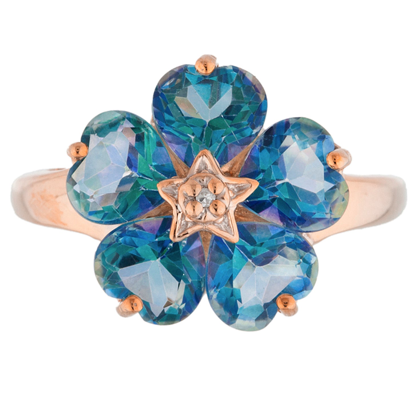 14Kt Gold Natural Blue Mystic Topaz & Diamond Heart Flower Design Ring