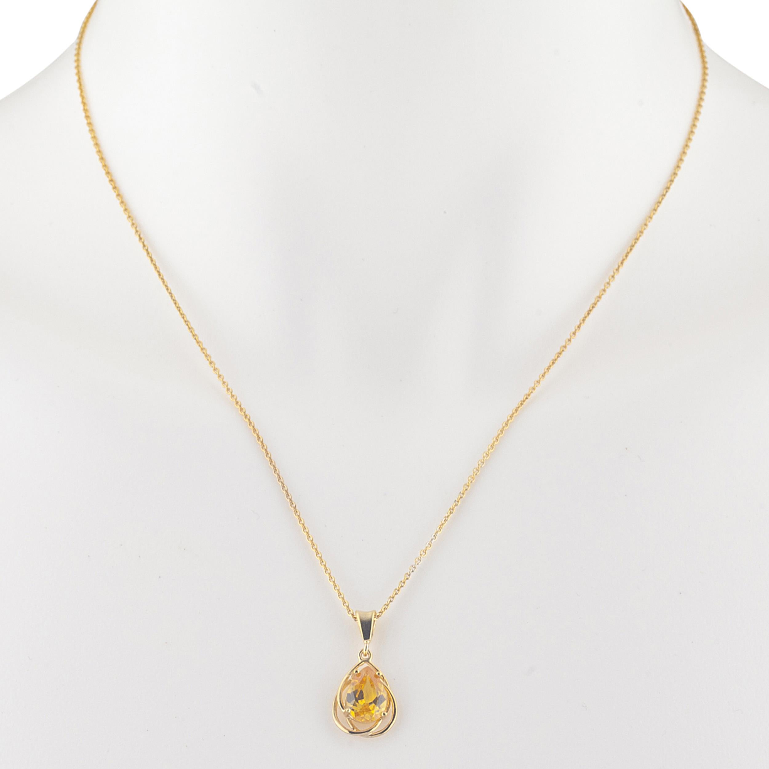 14Kt Gold 2 Ct Yellow Citrine Pear Teardrop Design Pendant Necklace