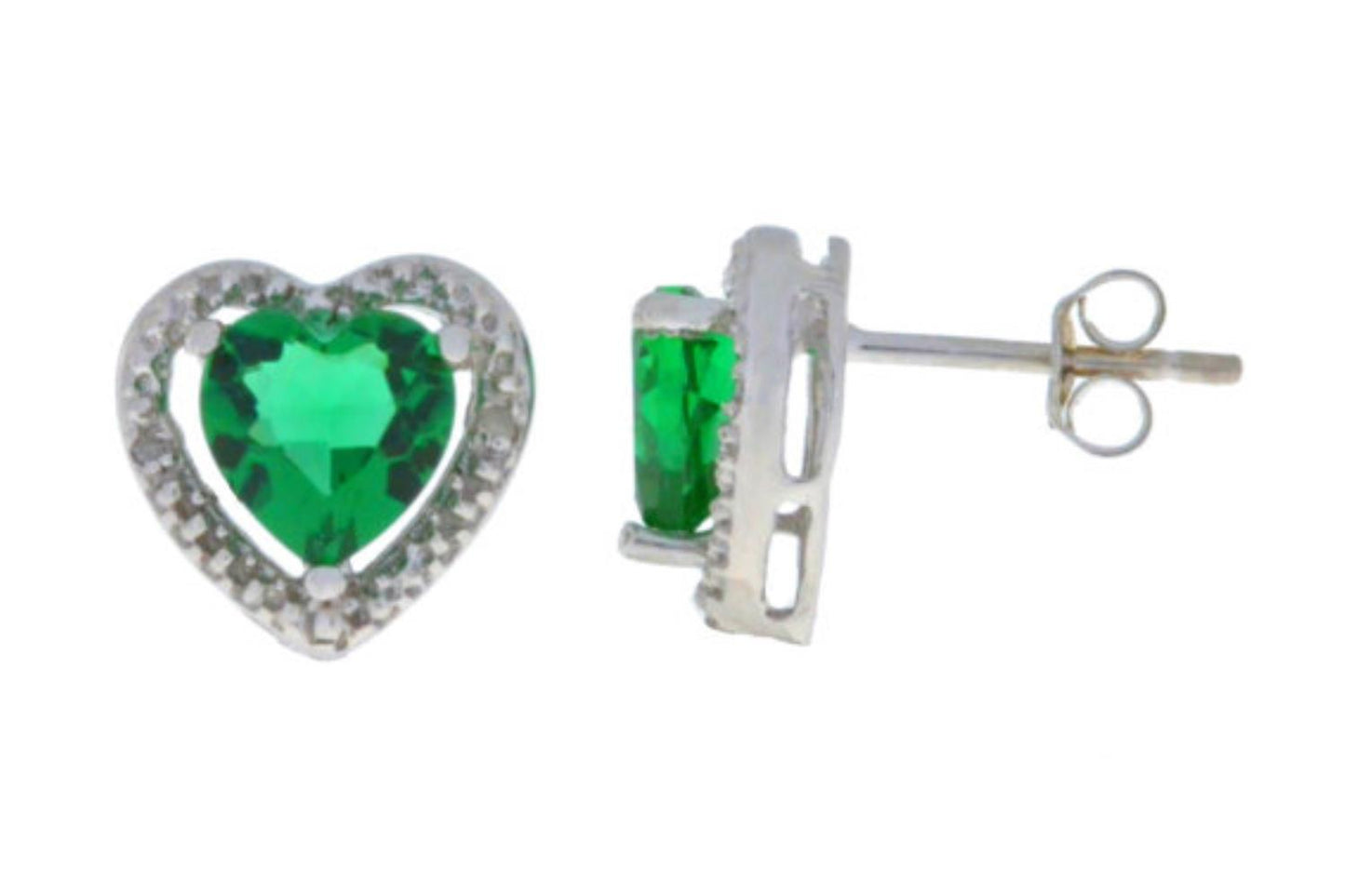 Emerald & Diamond Heart Stud Earrings .925 Sterling Silver