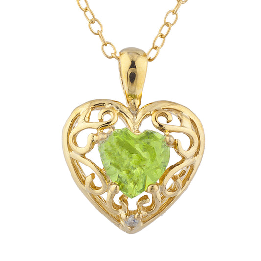 14Kt Yellow Gold Plated Peridot & Diamond Love Design Heart Pendant