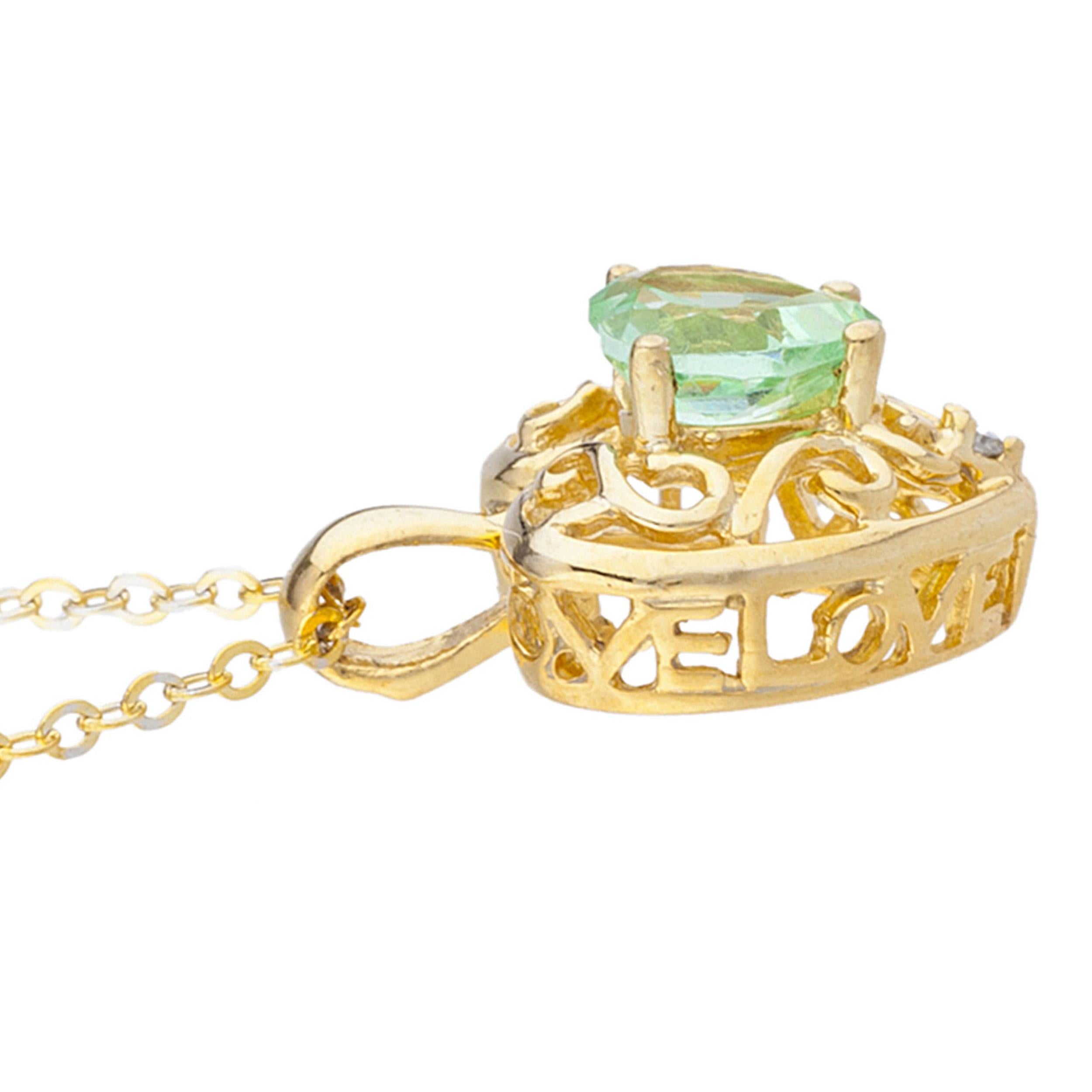 14Kt Gold Green Sapphire & Diamond Heart LOVE ENGRAVED Pendant Necklace