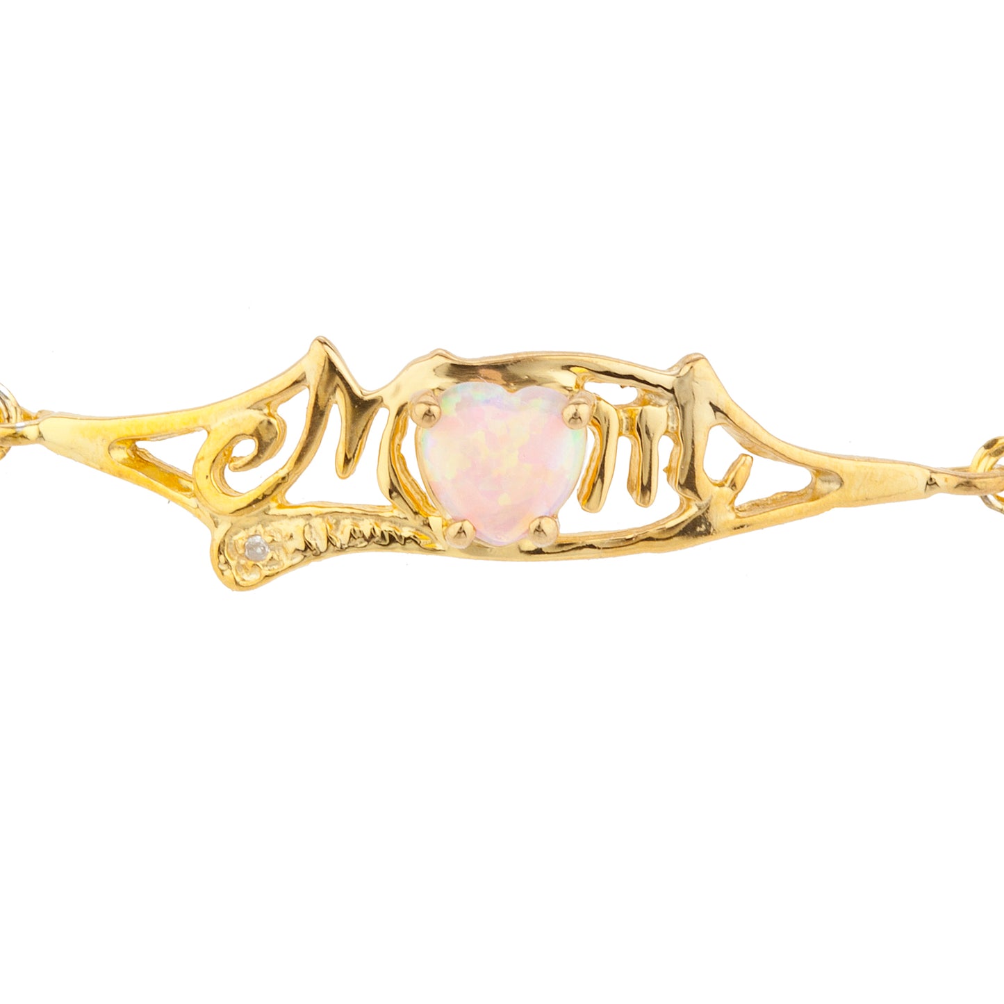 Pink Opal & Diamond Heart Mom Bracelet 14Kt Yellow Gold Plated Over .925 Sterling Silver