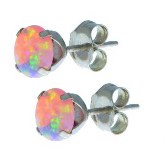 14Kt White Gold Pink Opal Round Stud Earrings