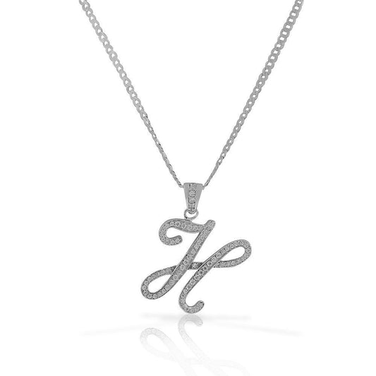 Letter H Cursive Initial CZ Pendant .925 Sterling Silver