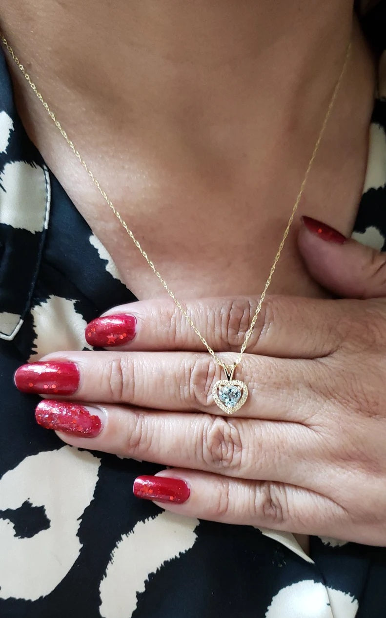 14Kt Gold Genuine Aquamarine Diamond Heart Necklace Pendant