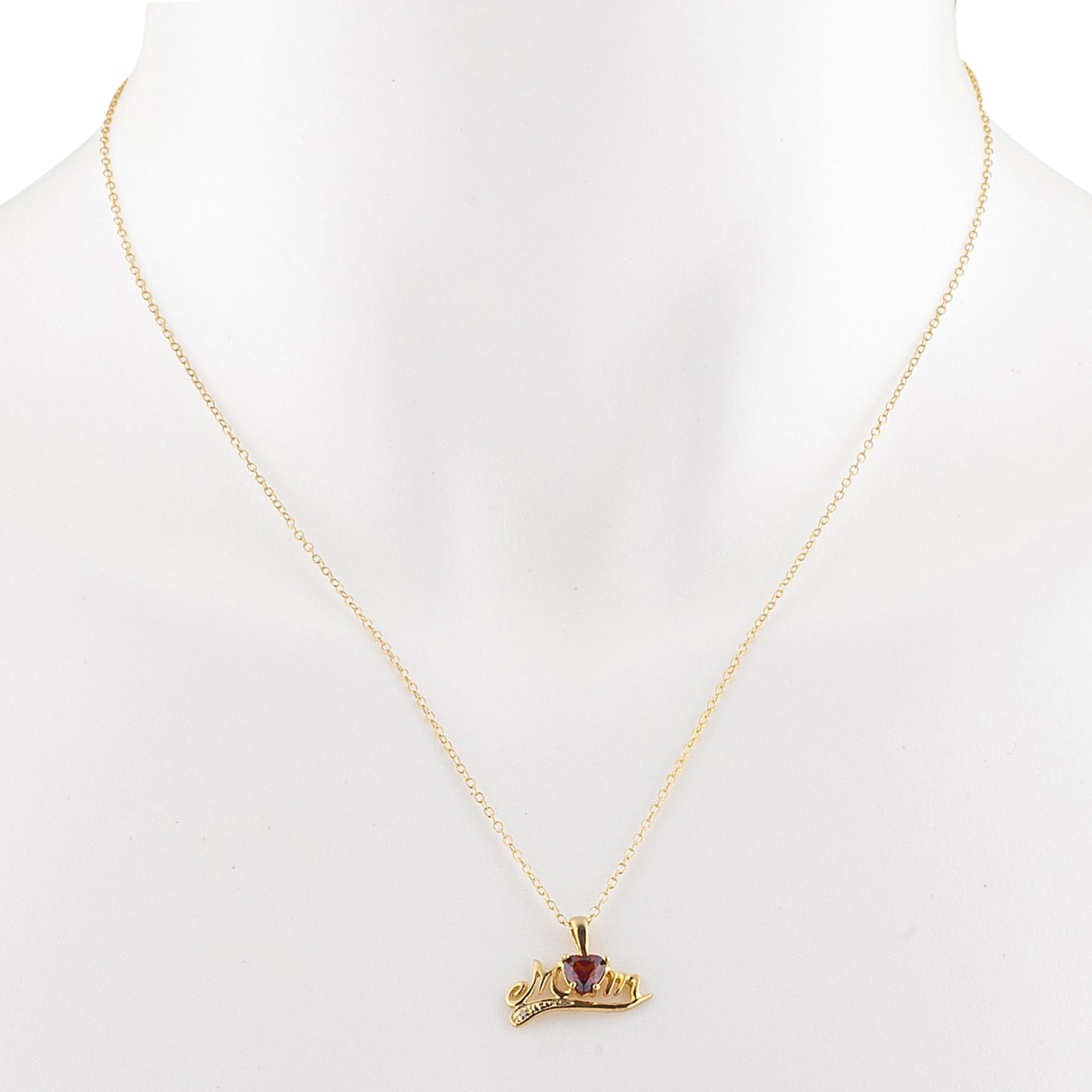 14Kt Gold Garnet & Diamond Heart Mom Pendant Necklace