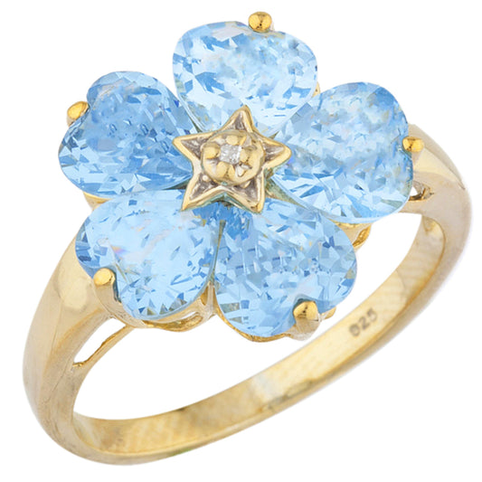 14Kt Gold Blue Topaz & Diamond Heart Flower Design Ring