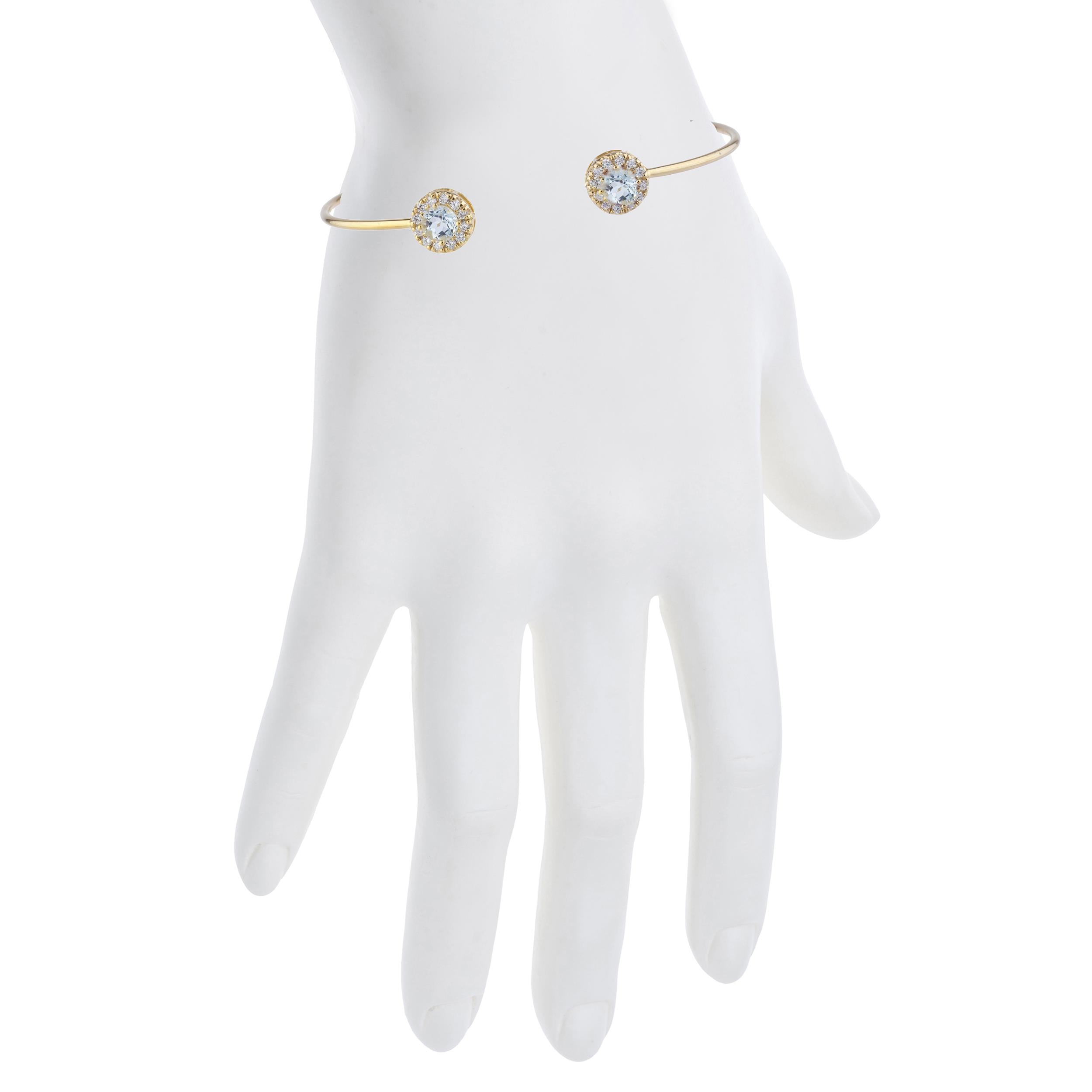 14Kt Gold Genuine Aquamarine Halo Design Bangle Bracelet