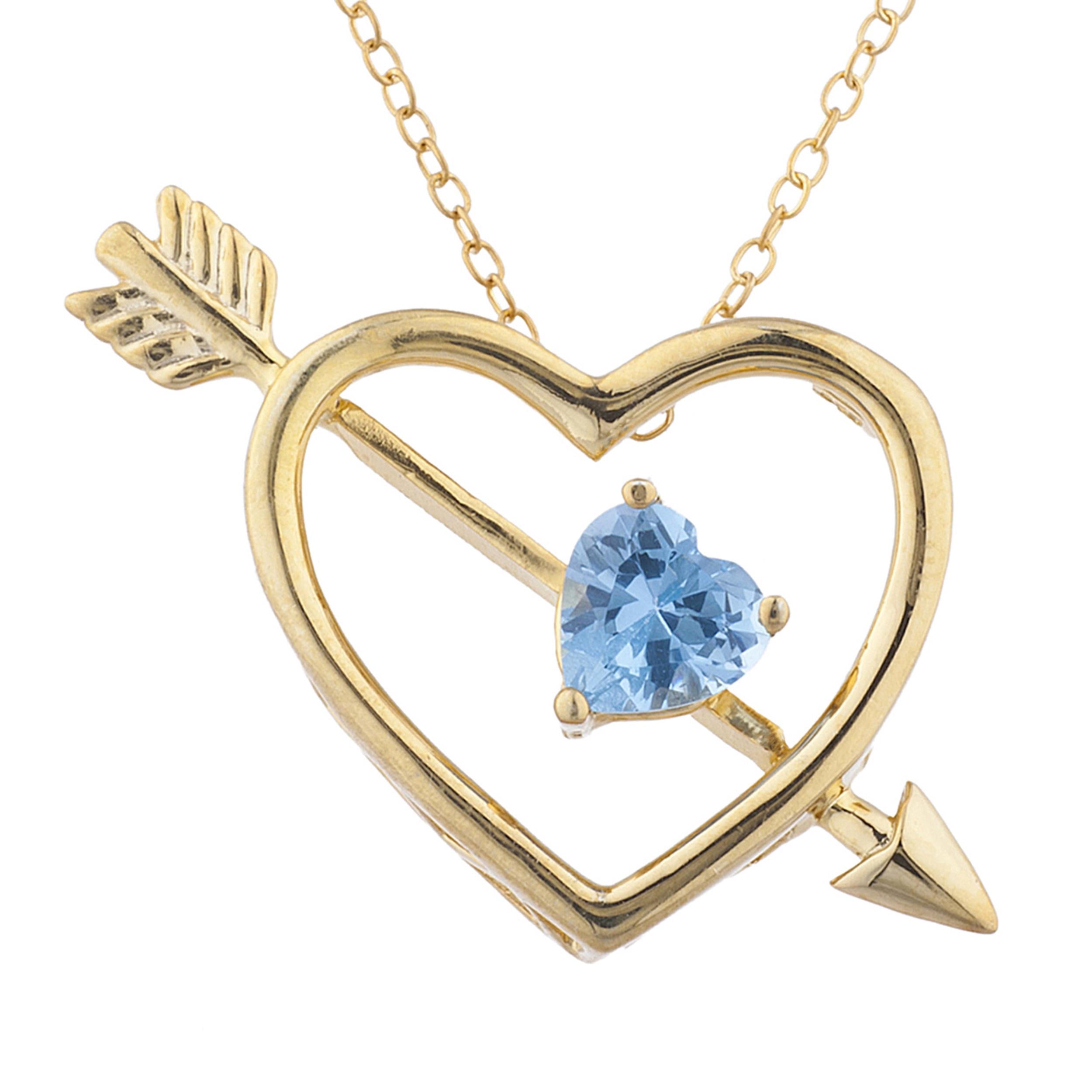 14Kt Gold Blue Topaz Heart Bow & Arrow Pendant Necklace
