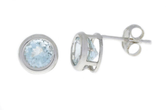 2 Carat Genuine Aquamarine Round Bezel Stud Earrings .925 Sterling Silver