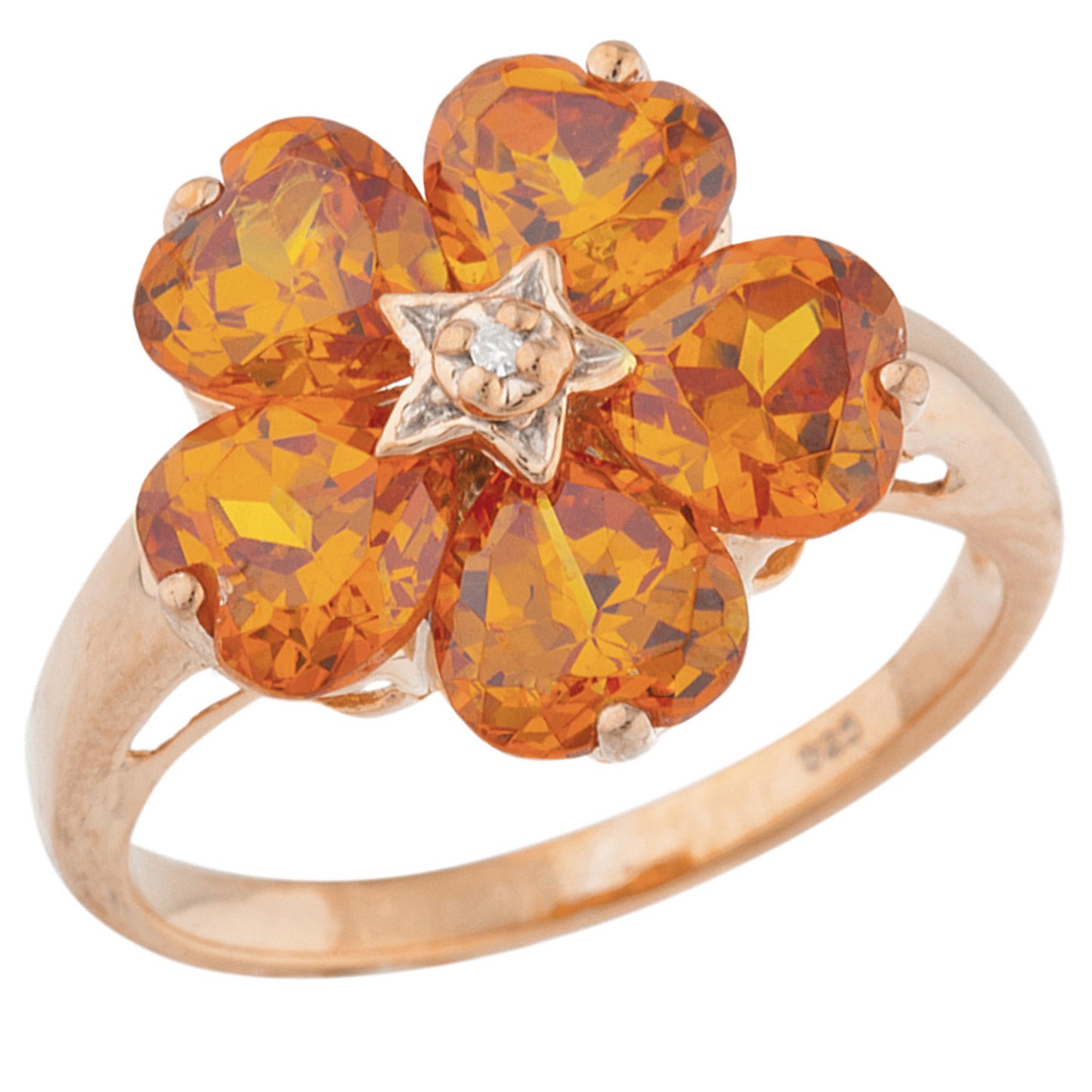 14Kt Gold Orange Citrine & Diamond Heart Flower Design Ring