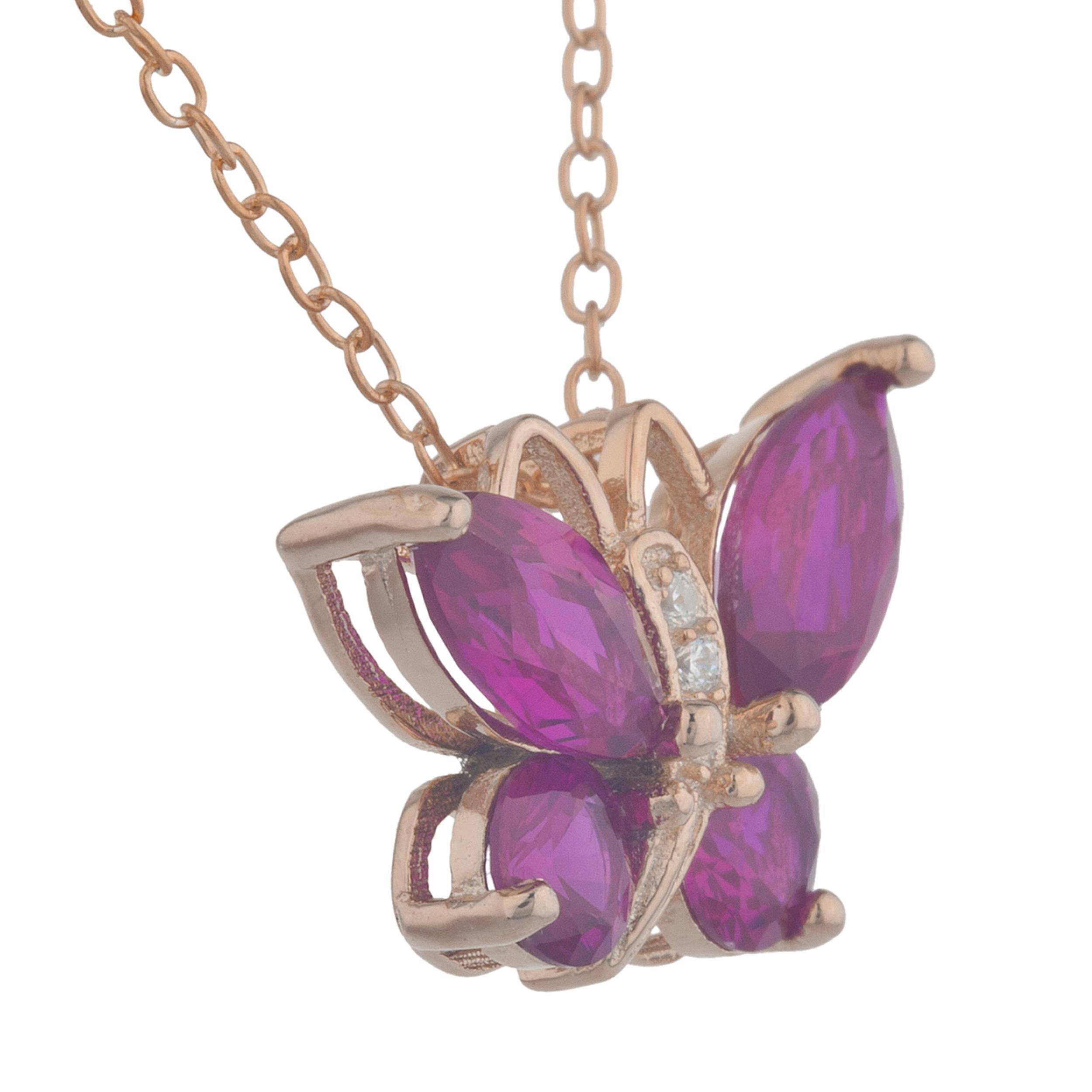 14Kt Rose Gold Plated Created Ruby Butterfly Pendant