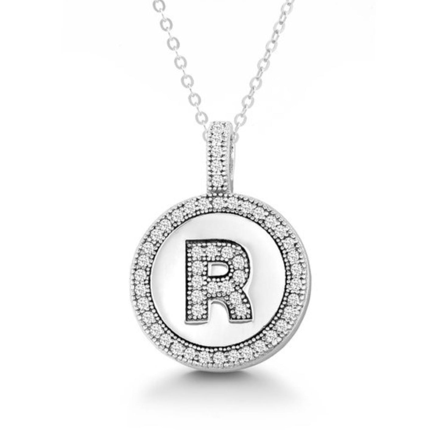 Letter R Micro Pave Initial CZ Pendant .925 Sterling Silver