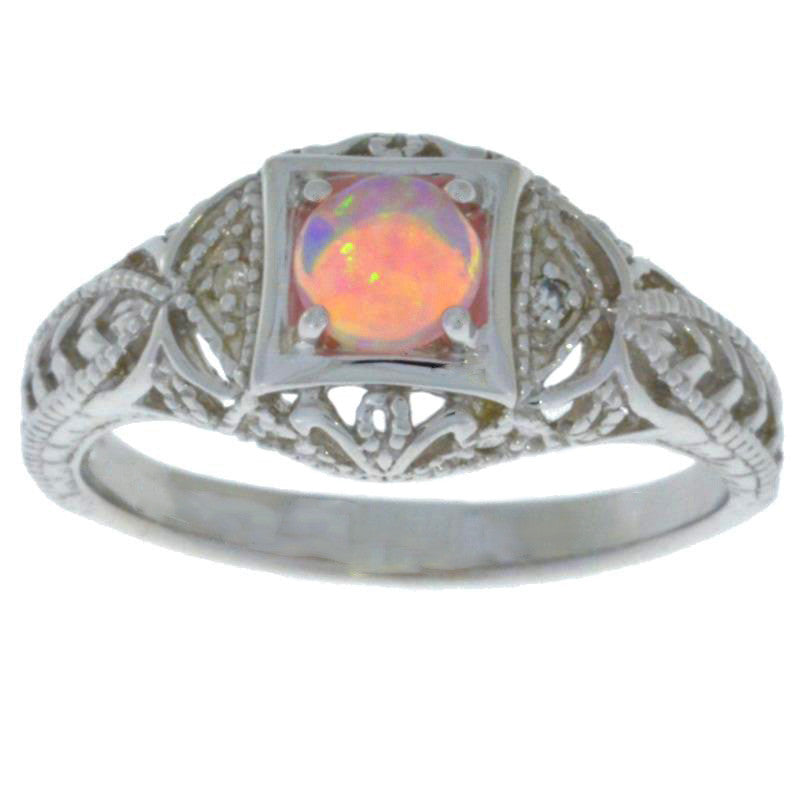 Pink Opal & Diamond Round Ring .925 Sterling Silver