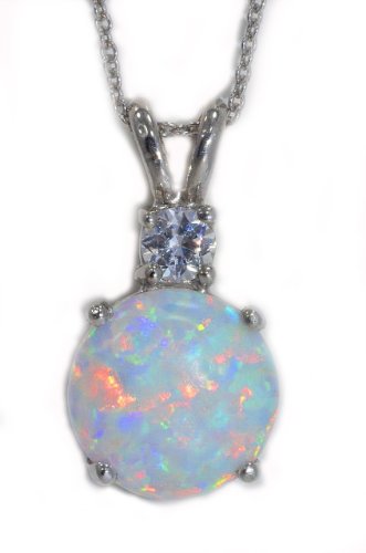 Opal & Zirconia Round Pendant .925 Sterling Silver Rhodium Finish