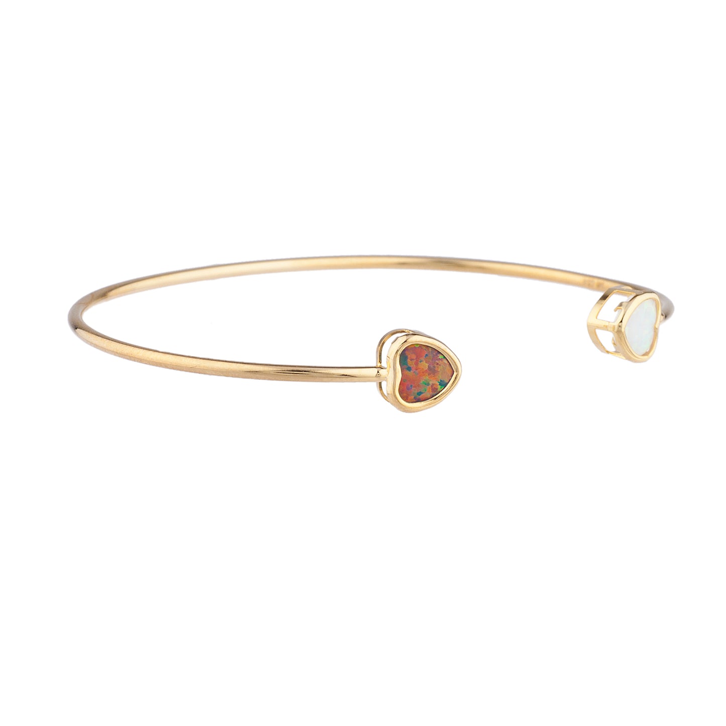 Black & White Opal Heart Bezel Bangle Bracelet 14Kt Yellow Gold Plated Over .925 Sterling Silver