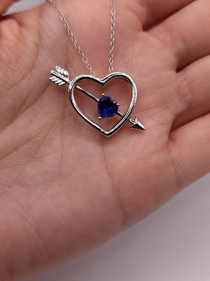 14Kt Gold Blue Sapphire Heart Bow & Arrow Pendant Necklace